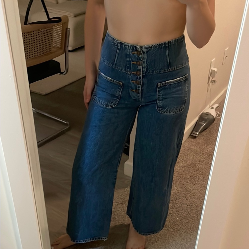 Free People High-Waisted Blue Wide-Leg Jeans